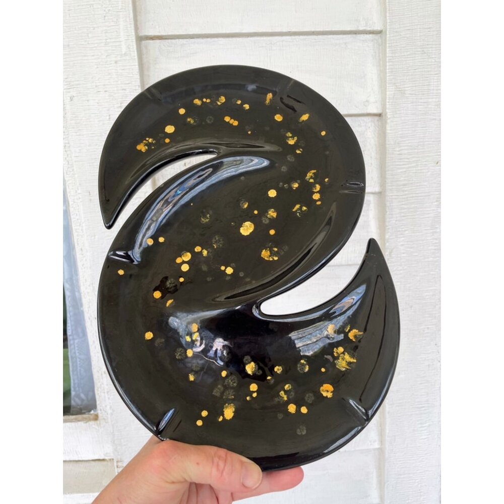 Vintage MCM Black/Gold Ceramic HUGE ashtray Boomerang Atomic 14x9" - Picture 5 of 13